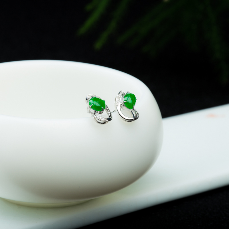 翠绿翡翠耳钉-红掌柜