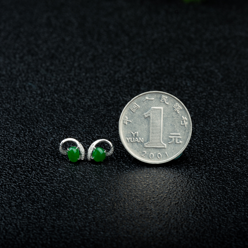 18K天然缅甸糯种翠绿翡翠耳钉-红掌柜