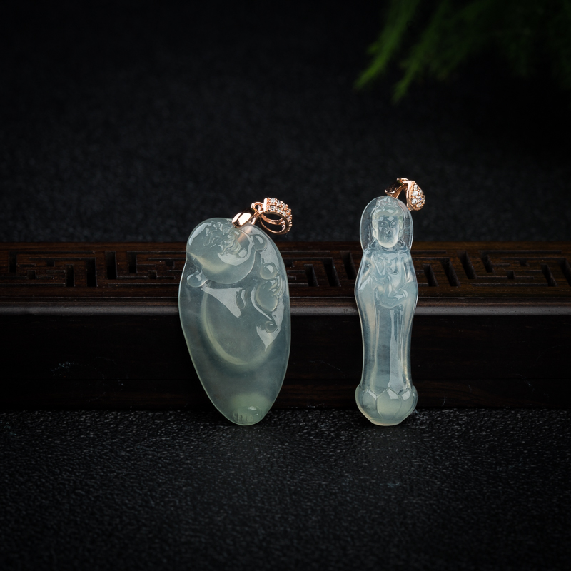 银镶高冰种无色翡翠观音佛吊坠一对-红掌柜