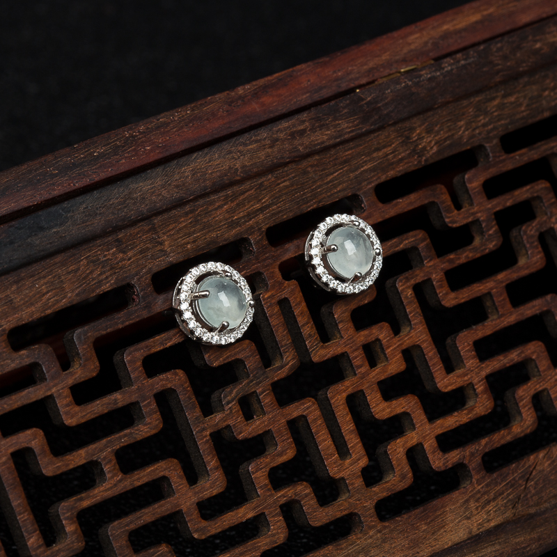 银镶天然糯冰种翡翠耳钉-红掌柜