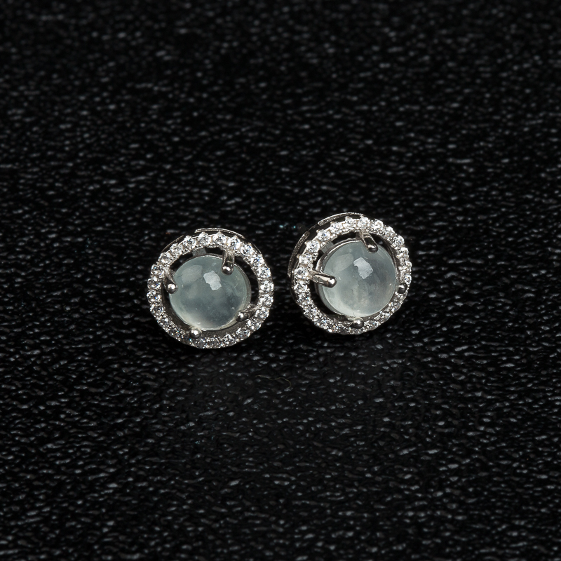 银镶缅甸糯冰种翡翠耳钉-红掌柜