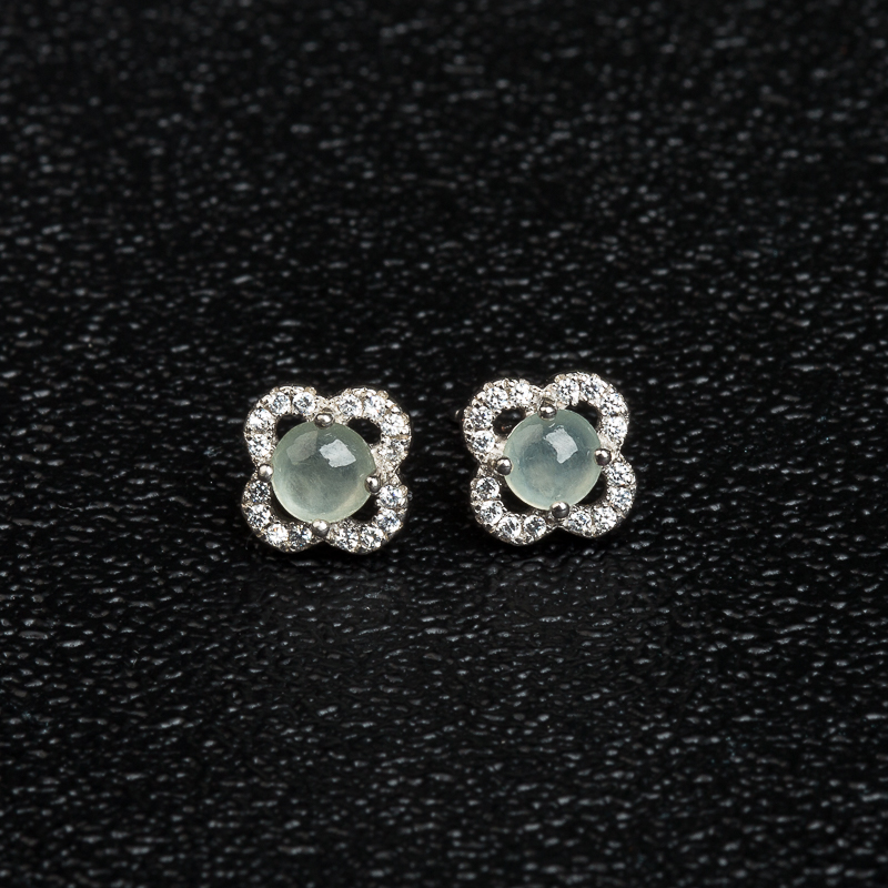 银镶天然糯冰种翡翠耳钉-红掌柜