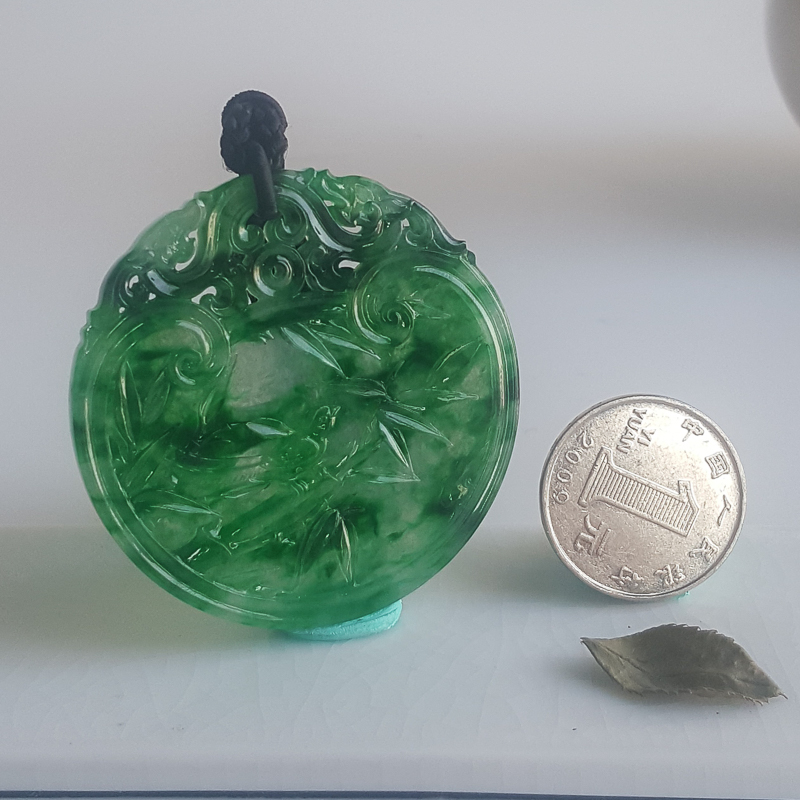 天然缅甸糯冰种翠绿翡翠凤穿牡丹吊坠-红掌柜