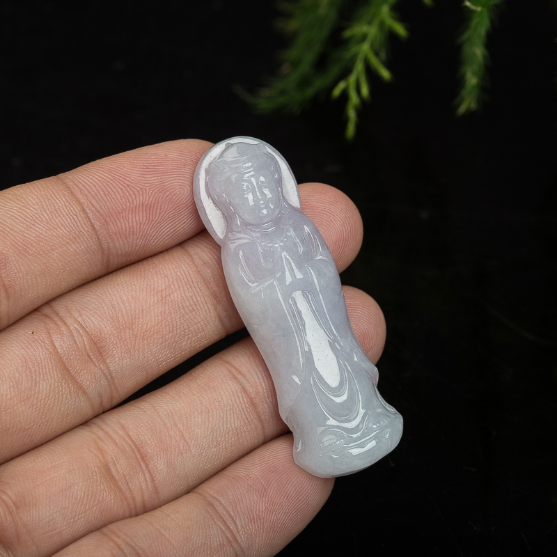 缅甸天然豆种浅紫色翡翠观音吊坠-红掌柜