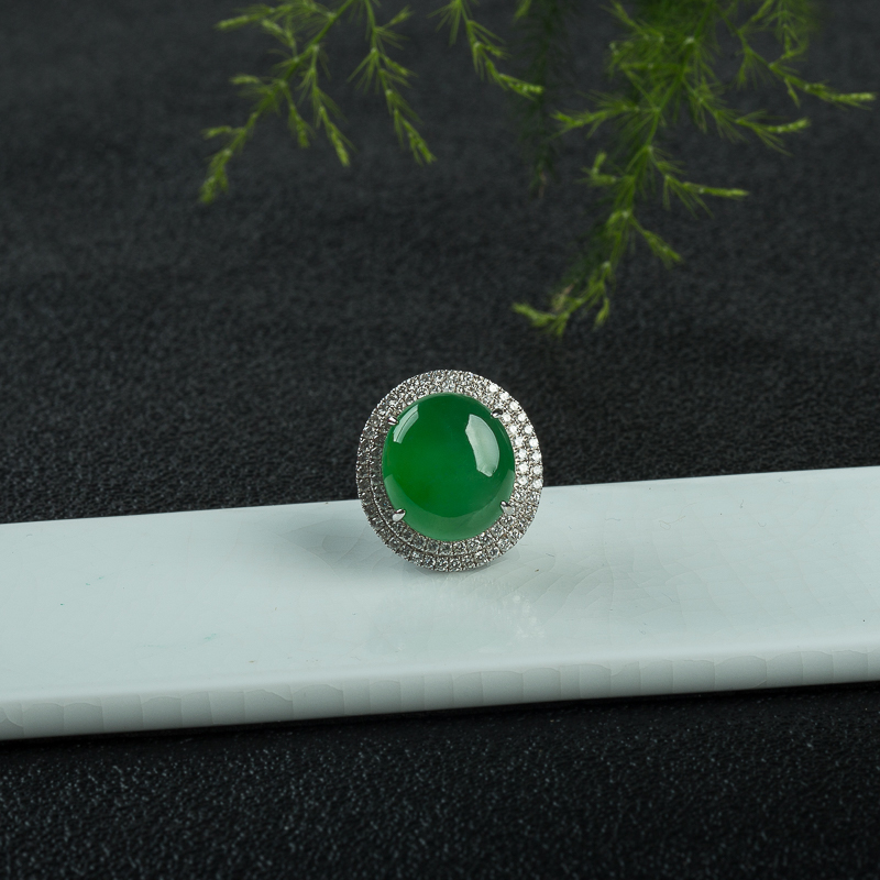 缅甸天然糯冰种翠绿翡翠戒指-红掌柜