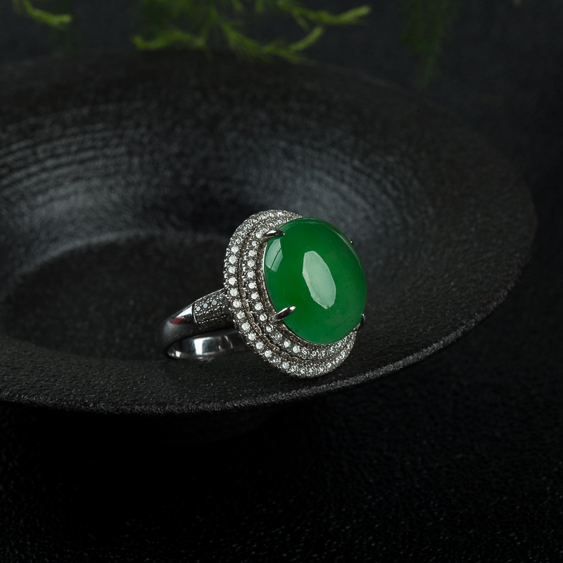缅甸糯冰种翠绿翡翠戒指-红掌柜