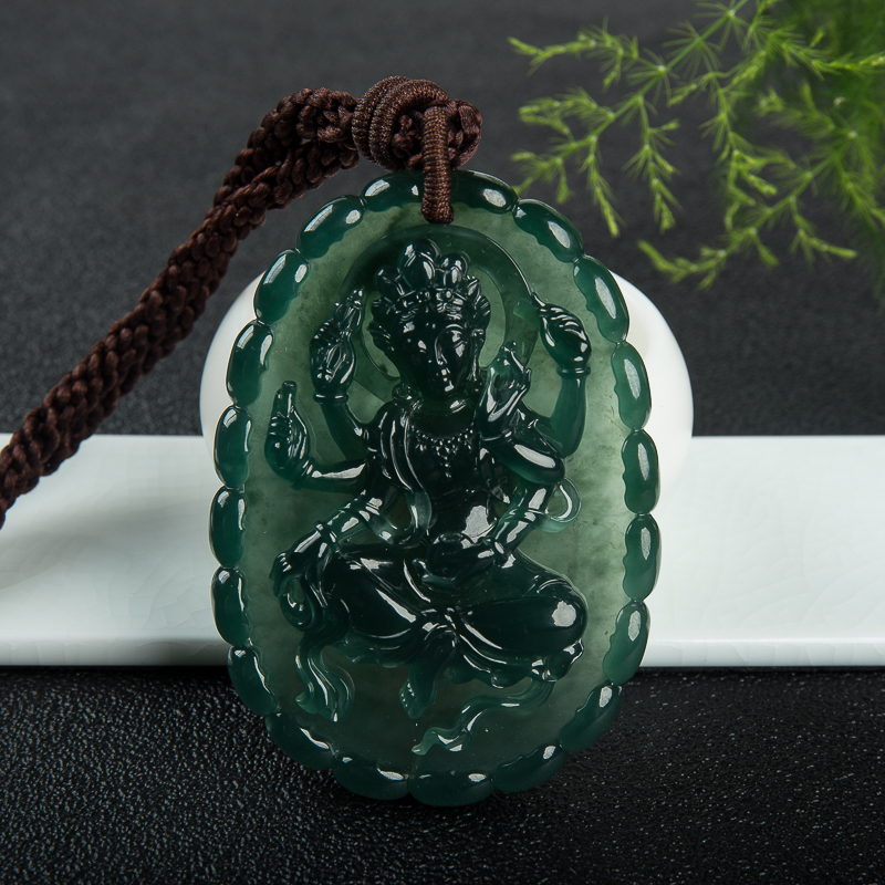 缅甸天然冰种深绿六臂观音翡翠吊坠-红掌柜
