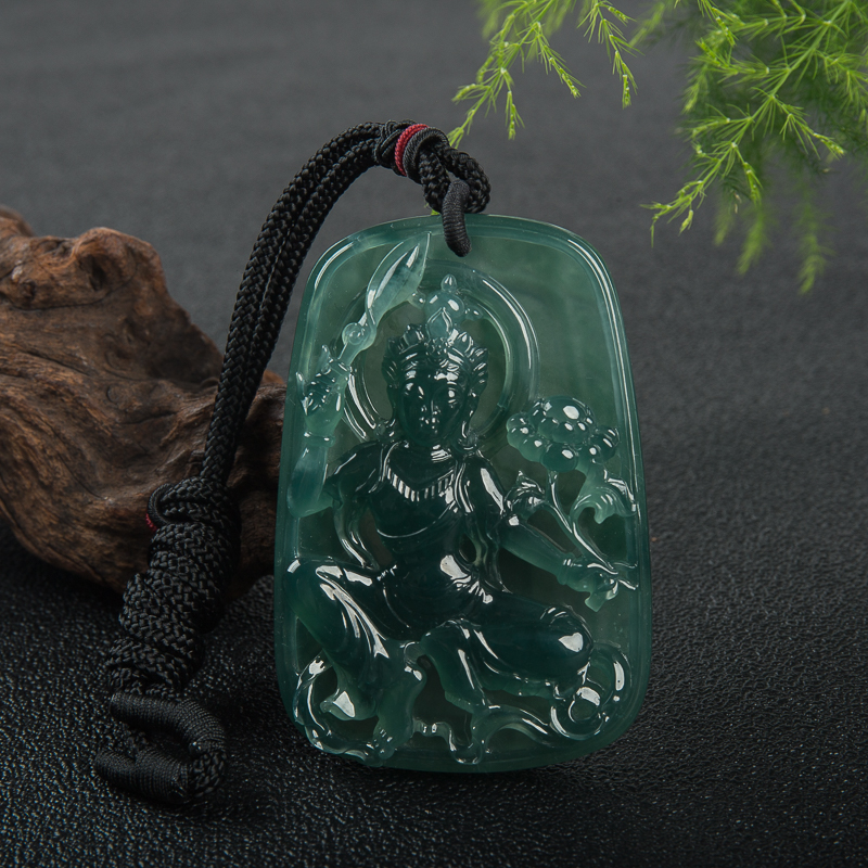 缅甸天然冰种深绿翡翠文殊菩萨吊坠-红掌柜