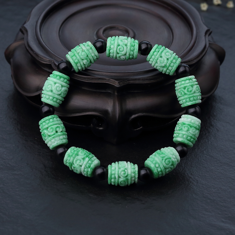 豆种豆绿翡翠回纹桶珠单圈手串-红掌柜