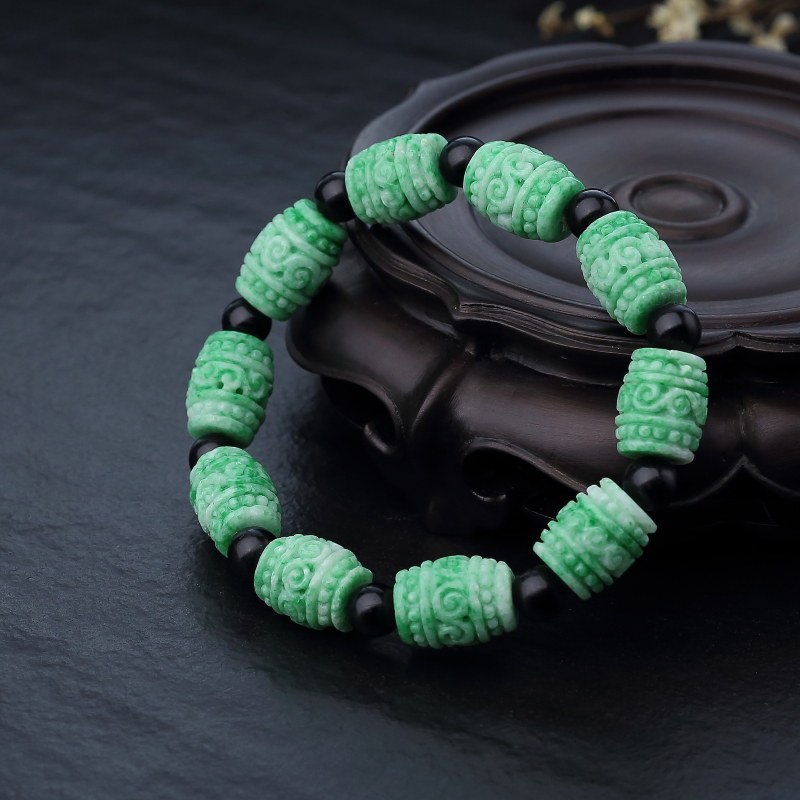 豆绿翡翠回纹桶珠单圈手串-红掌柜