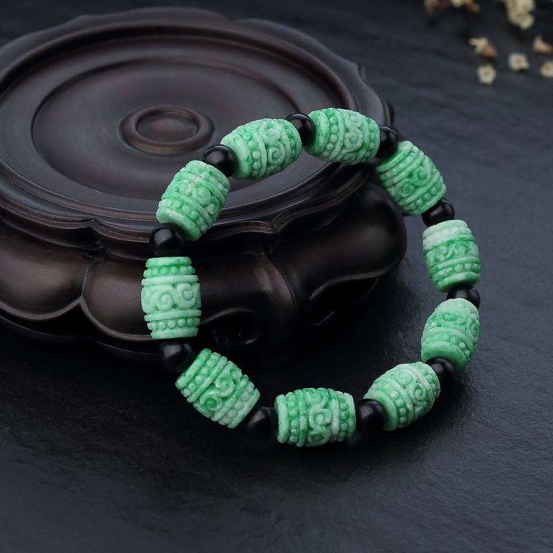 豆种翡翠回纹桶珠单圈手串-红掌柜