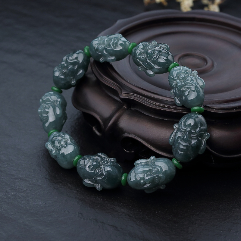 蓝绿翡翠罗汉头单圈手串-红掌柜
