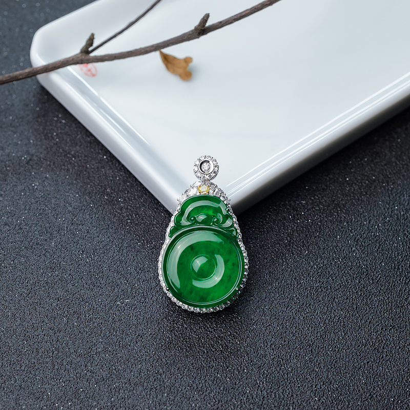 18K金镶钻糯冰种翠色翡翠平安如意吊坠-红掌柜