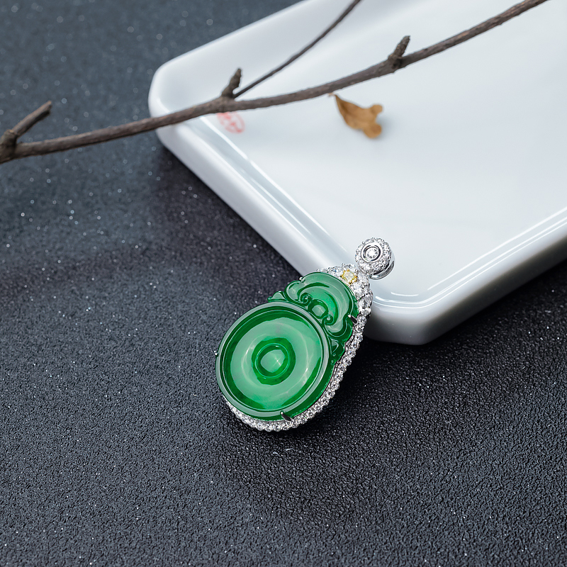金镶钻糯冰种翠色翡翠平安如意吊坠-红掌柜