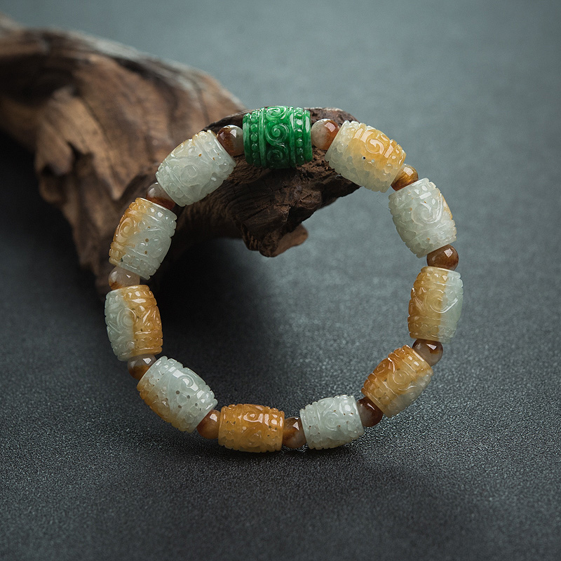 糯种俏色翡翠镂雕回纹桶珠单圈手串-红掌柜