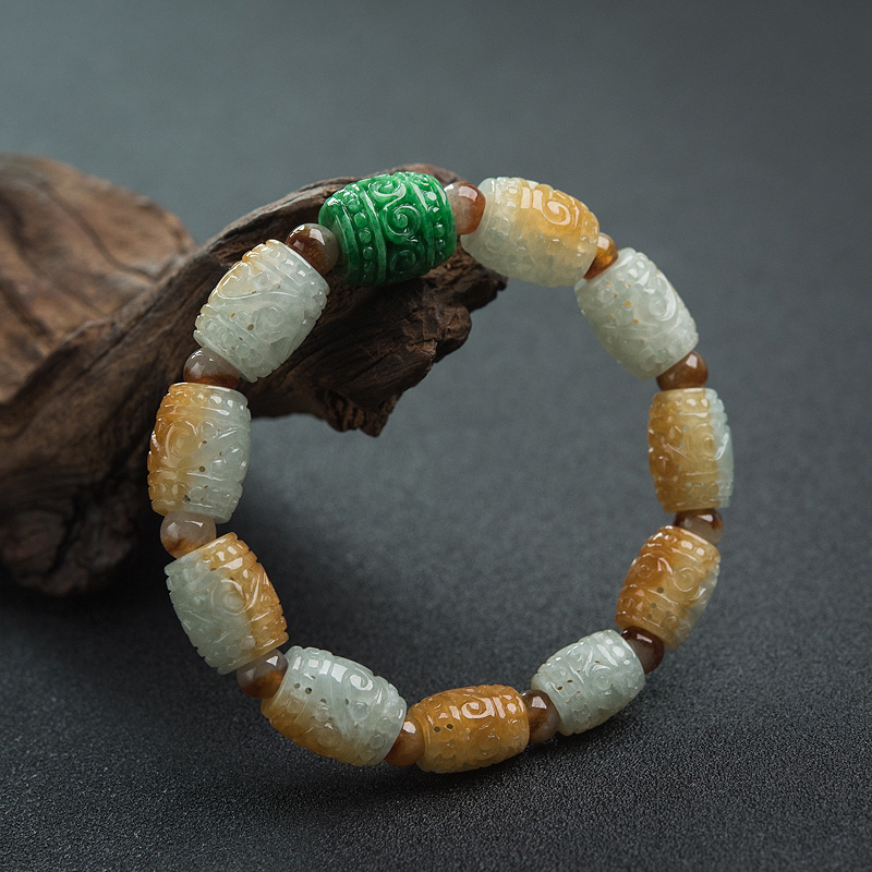 俏色翡翠镂雕回纹桶珠单圈手串-红掌柜