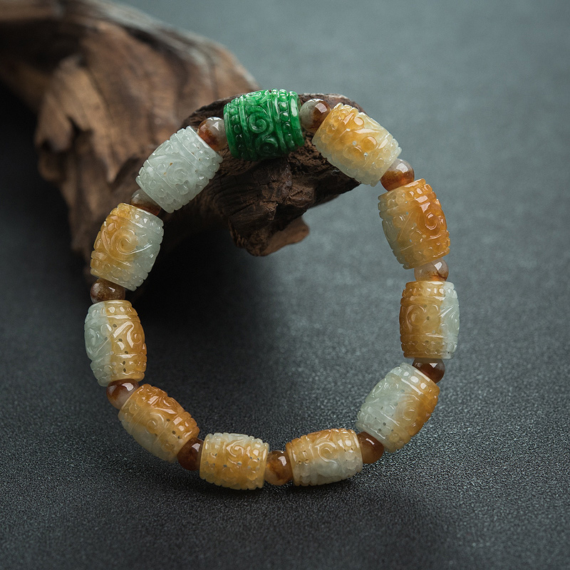 糯种俏色翡翠镂雕回纹桶珠手串-红掌柜