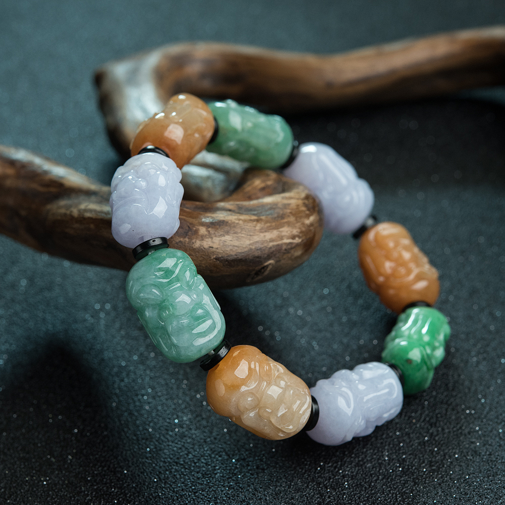 天然福禄寿翡翠罗汉头手串-红掌柜