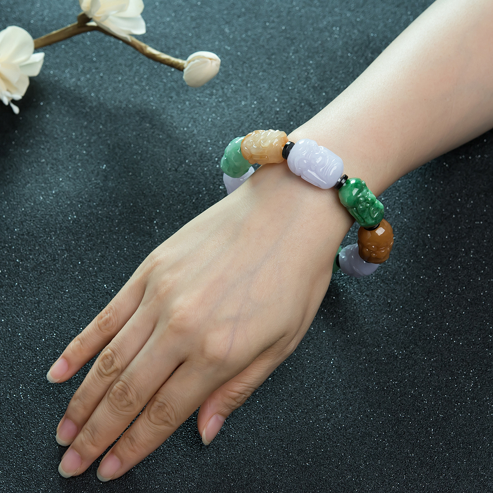 缅甸天然福禄寿翡翠罗汉头手串-红掌柜