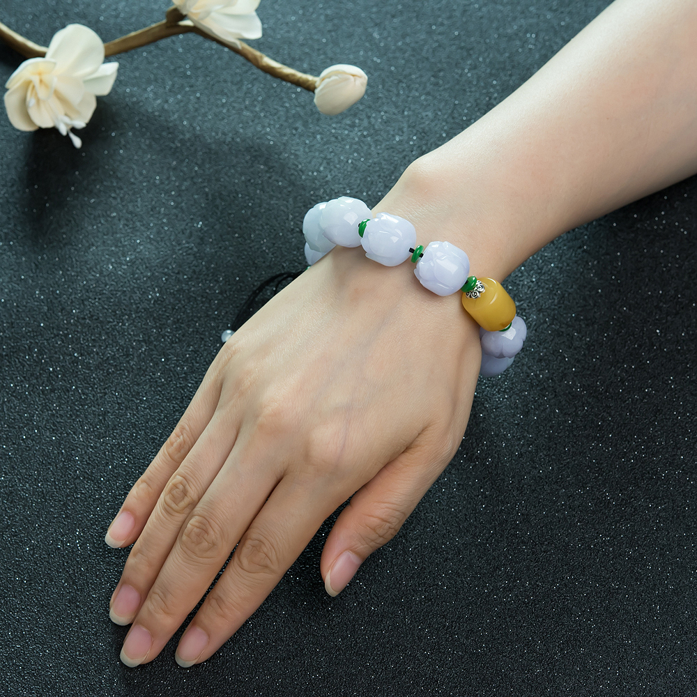 缅甸天然春带彩翡翠莲花手串-红掌柜