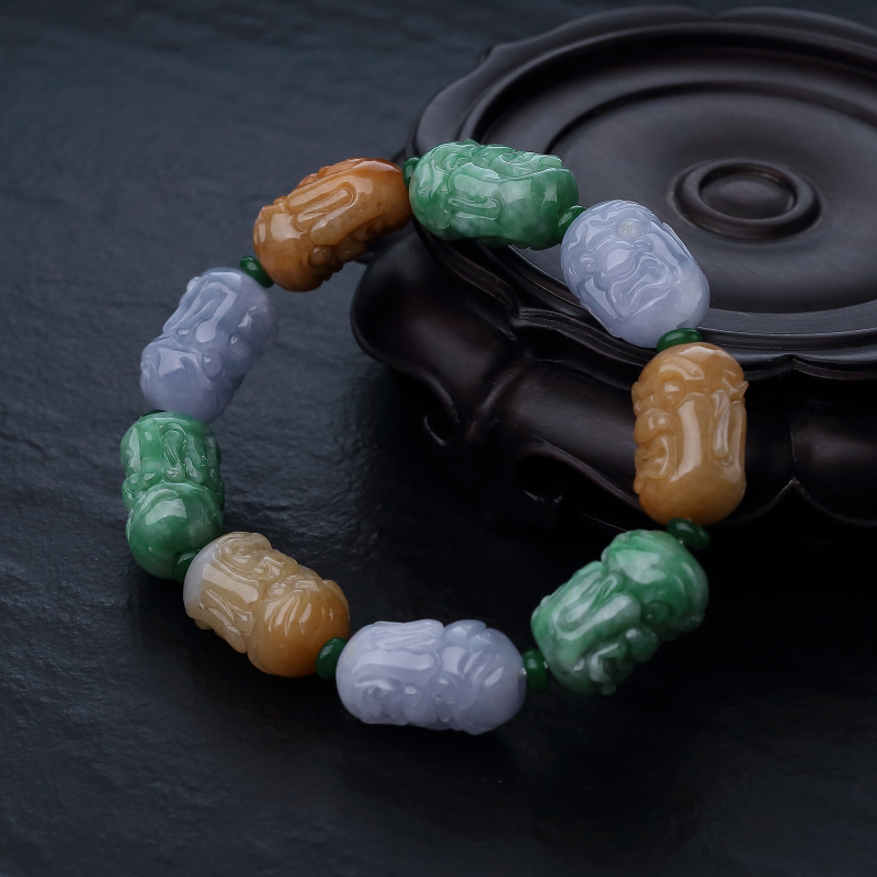 天然糯种春带彩翡翠罗汉头手串-红掌柜