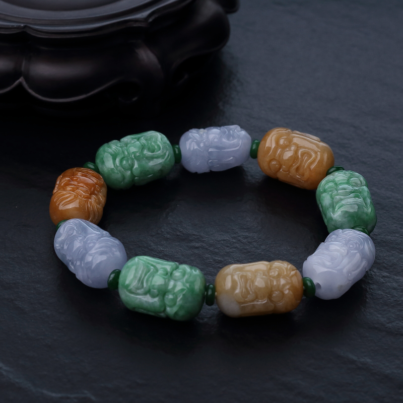 川料天然春带彩翡翠罗汉头手串-红掌柜