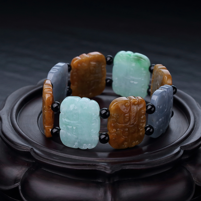 缅甸糯种春带彩翡翠兽面手串-红掌柜