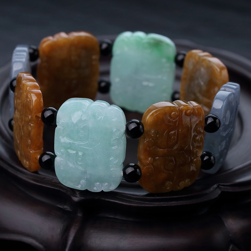 缅甸天然糯种翡翠兽面手串-红掌柜