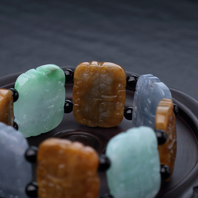 缅甸天然糯种春带彩翡翠手串-红掌柜