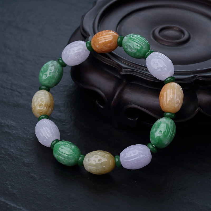 天然糯种春带彩翡翠花生手串-红掌柜