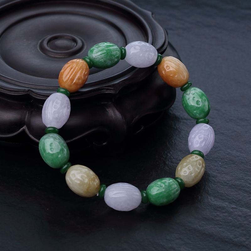 缅甸糯种春带彩翡翠花生手串-红掌柜