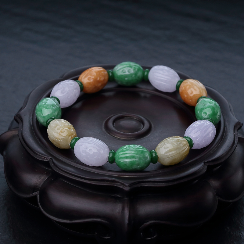 缅甸天然春带彩翡翠花生手串-红掌柜