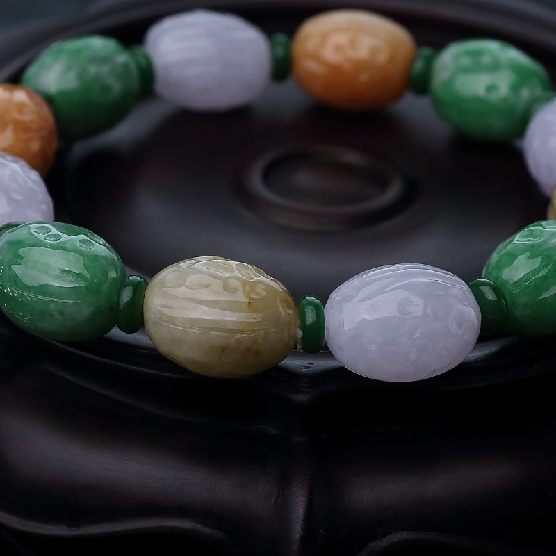 缅甸天然糯种春带彩翡翠手串-红掌柜