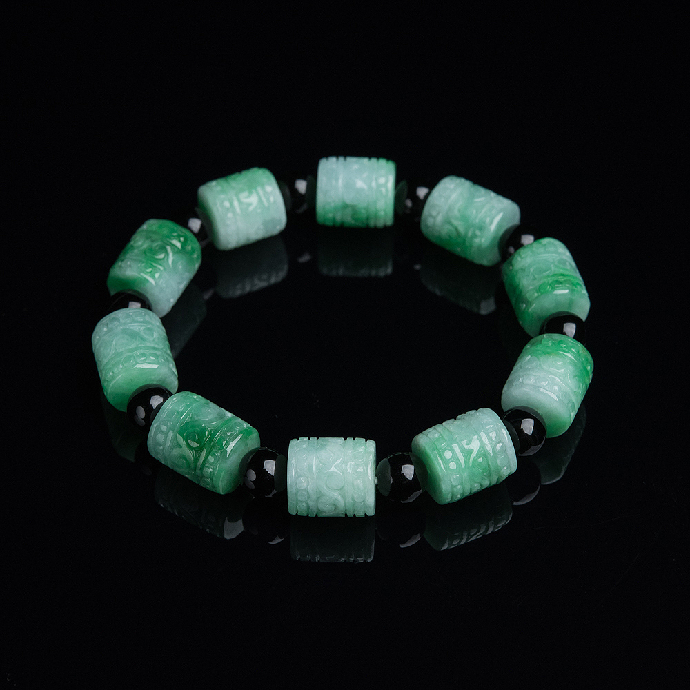 糯种飘翠翡翠回纹桶珠单圈手串-红掌柜