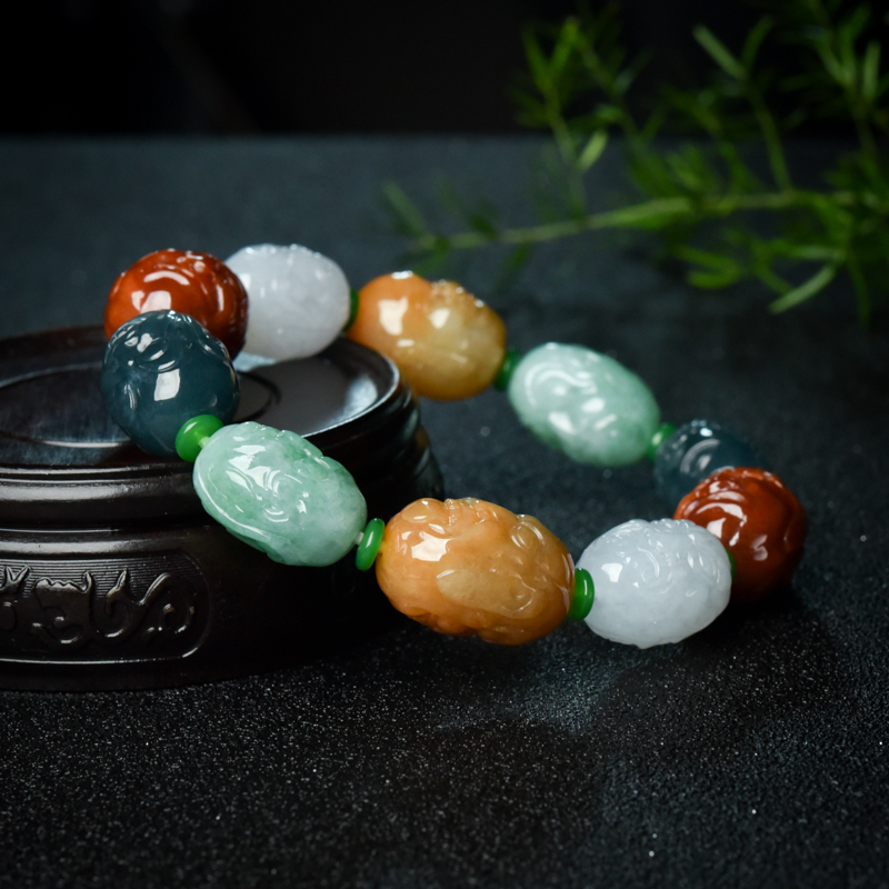 天然糯种福禄寿翡翠罗汉头单圈手串-红掌柜