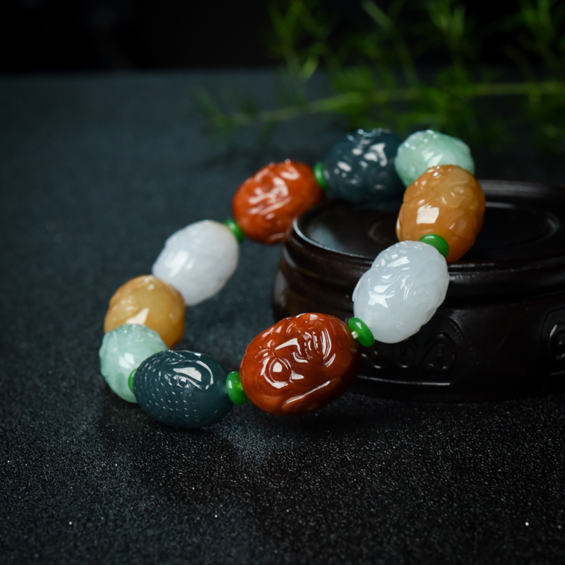 天然福禄寿翡翠罗汉头单圈手串-红掌柜