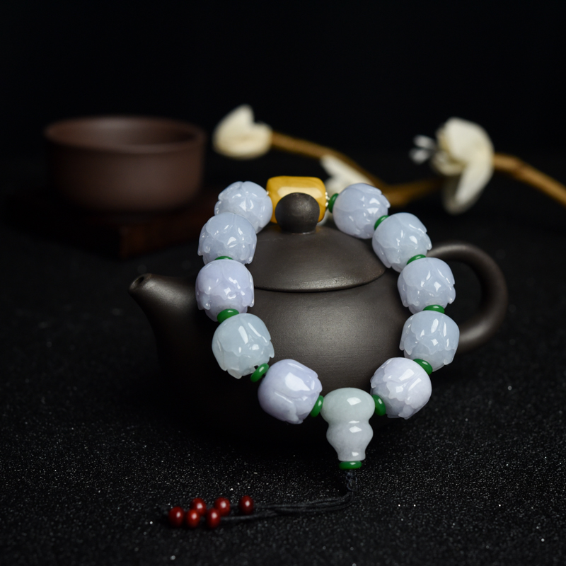 糯种春带彩翡翠莲花珠单圈手串-红掌柜