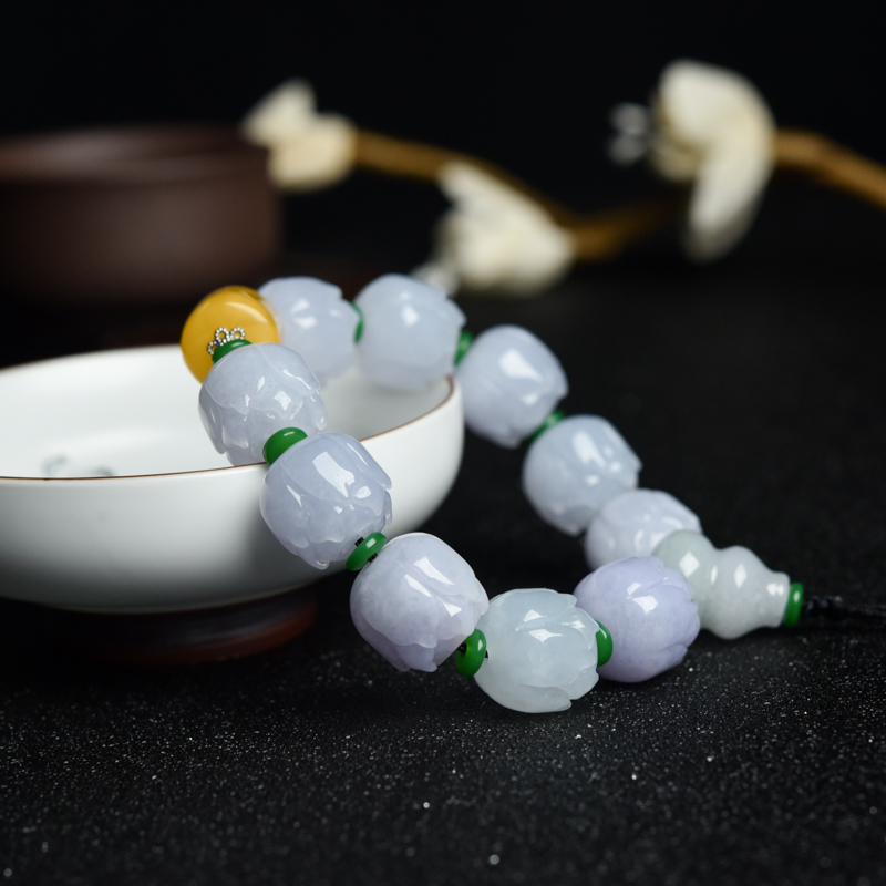 天然糯种春带彩翡翠莲花珠单圈手串-红掌柜