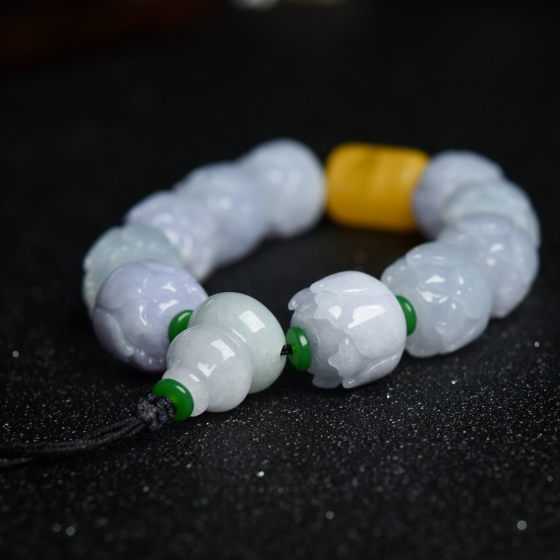 春带彩翡翠莲花珠单圈手串-红掌柜