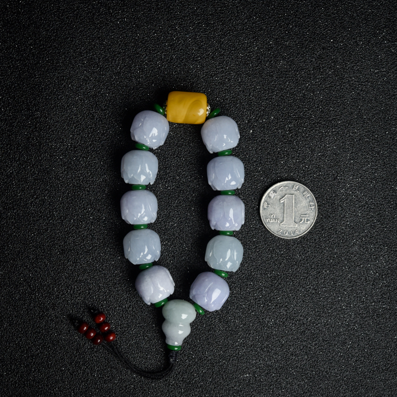 糯种春带彩翡翠莲花珠手串-红掌柜