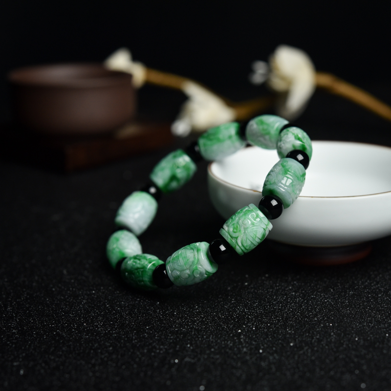 缅甸糯种飘翠翡翠桶珠单圈手串-红掌柜