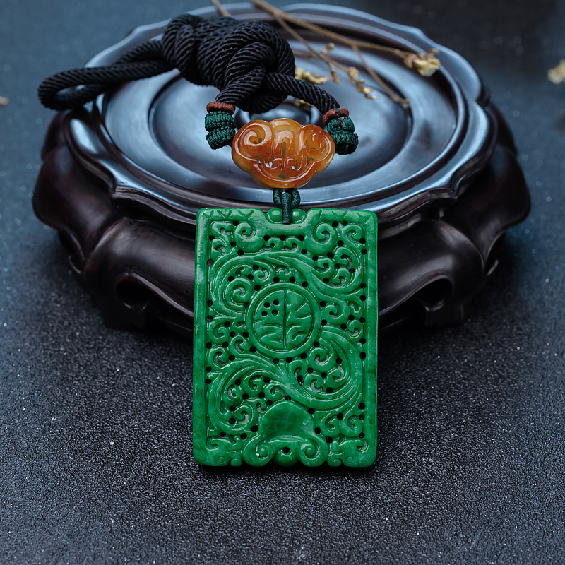 花青种翡翠雕花福牌吊坠-红掌柜