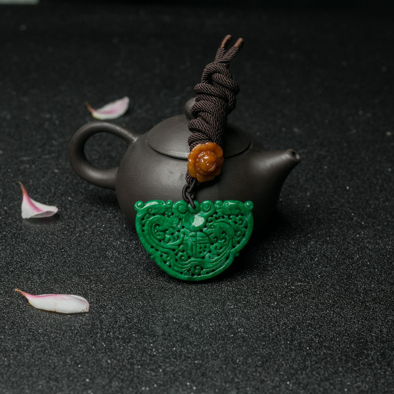 花青种翡翠龙凤吊坠-红掌柜