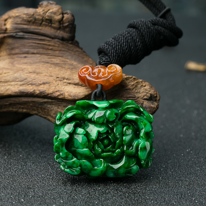 花青种翡翠牡丹花吊坠-红掌柜