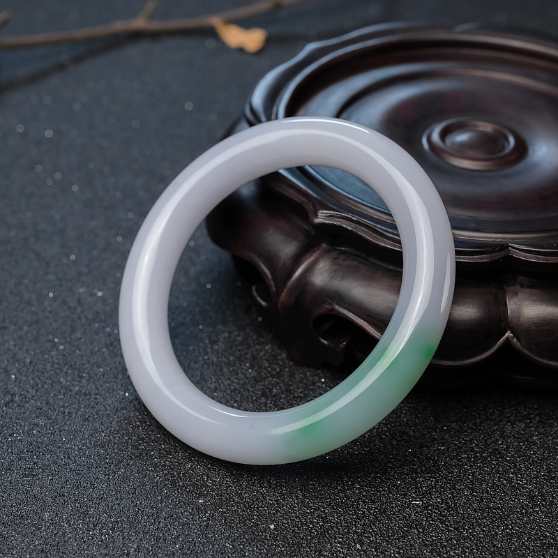 缅甸天然糯种春带彩翡翠圆镯-红掌柜