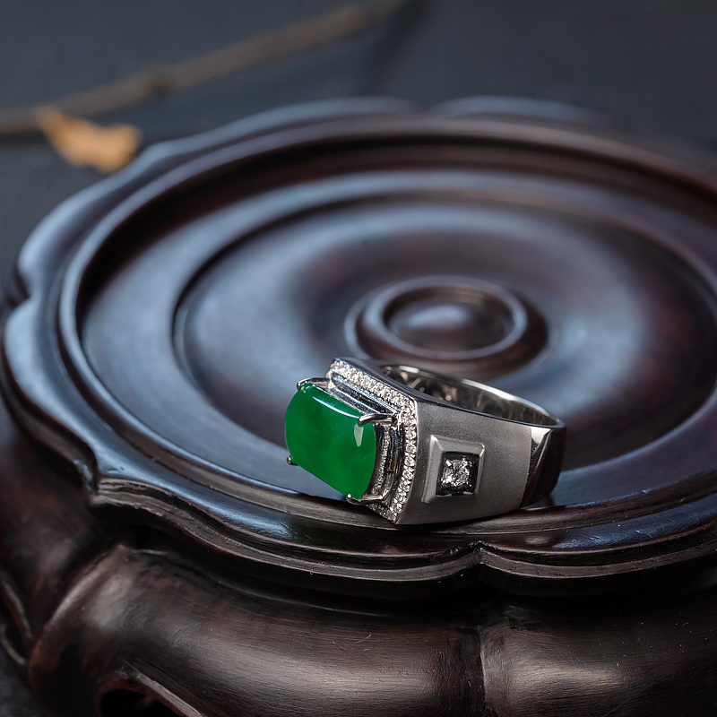 天然糯冰种翠色翡翠戒指-红掌柜