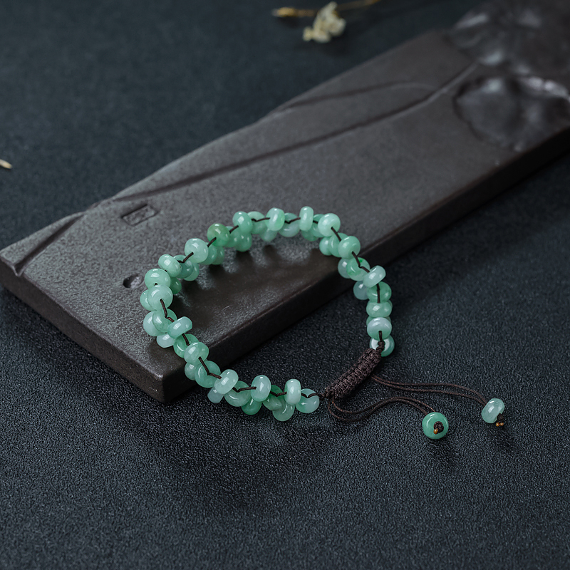 天然糯种浅绿翡翠平安扣手链-红掌柜