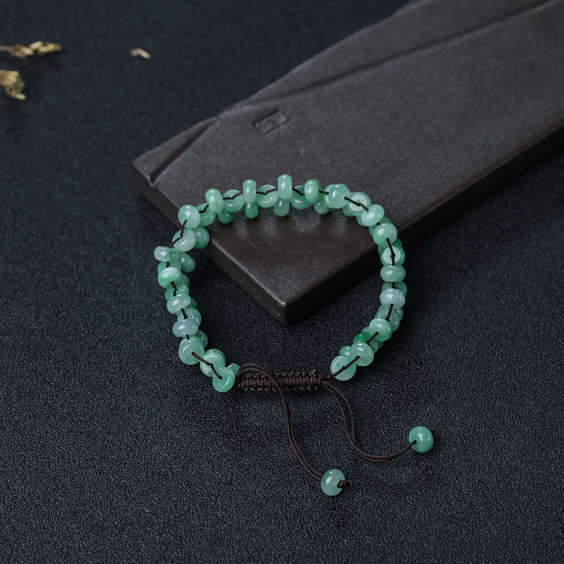 缅甸天然浅绿翡翠平安扣手链-红掌柜