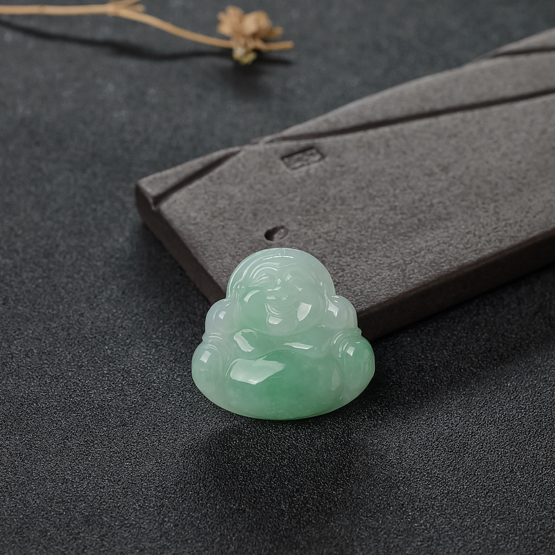糯种浅绿翡翠弥勒佛吊坠-红掌柜
