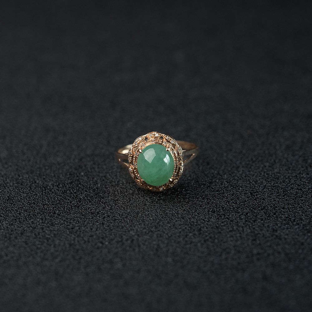 18K金镶钻糯冰种阳绿翡翠戒指-红掌柜